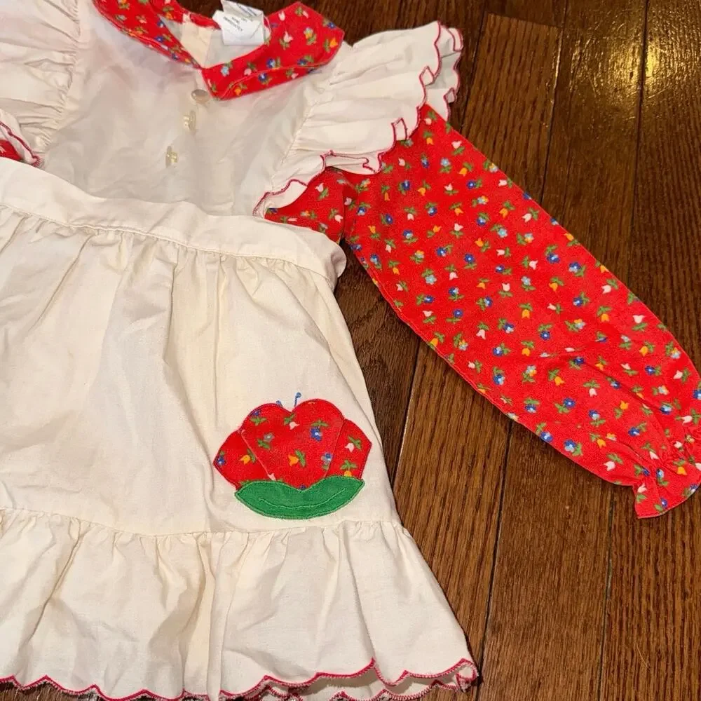 90s Vintage Nannette Prairie Dress 3T Red Floral White Apron Ruffle Cottagecore
